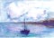 Watercolor illustration of the sea and sailing boat. Against the background of the sky with clouds and mountains. Postcard with se