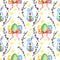 Watercolor illustration seamless easter pattern blue bunny, painted eggs, bow, webra branches and stars.