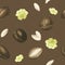 Watercolor illustration, seamless pattern of brown argan nut, green flower and seed on a brown background. Suitable for