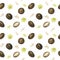 Watercolor illustration, seamless pattern of brown argan nut, green flower and seed on a white background. Suitable for