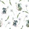 Watercolor illustration. Seamless pattern of gray mice with dandelion on white background