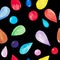 Watercolor illustration of a seamless pattern of multicolored water drops on a black background Hand painted pattern for