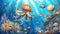 Watercolor illustration of seaweed and underwater fantastic fish, seashells, octopus in the depths of the ocean.