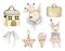 Watercolor illustration set with bunnies bow ice cream star toy suitcase