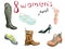 Watercolor illustration set of diferent, coloful women`s work shoes drawn by hand. Illustrative set of various elements for the 8