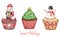 Watercolor illustration of a set of festive cupcakes