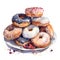 Watercolor illustration of a set of glazed donuts on a plate