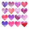 Watercolor illustration, set. Heart shaped watercolor texture. Shades of pink and purple