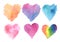 Watercolor illustration set of hearts orange blue pink purple rainbow on a white background