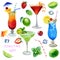 Watercolor illustration, set. Image of glasses with sex cocktails on the beach, margarita, cosmopolitan and blue lagoon. Mint