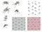 Watercolor illustration set of insects with fly and mosquito, seamless patterns. Pastel color sketch isolated on a white