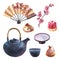 Watercolor illustration, set of japan tea ceremony, dark blue ceramic teapot, bowl of tea, cupcakes with cherry, jelly
