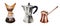 Watercolor illustration set for making coffee. Include brass cezve, geyser coffee maker and chemex. Hand painting on a