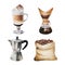 Watercolor illustration set for making coffee. Include geyser coffee maker and chemex, jute coffee bag, latte in a glass