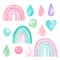 Watercolor illustration set of pastel fantasy rainbows, rain, drop, heart Hand painted clipart baby shower decor