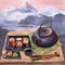 Watercolor illustration of a set of sushi on a plate, ginger, wasabi, soy sauce and a teapot on a bamboo mat and a