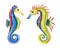 Watercolor illustration set of two rainbow and yellow-red seahorses.