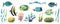 Watercolor illustration set with various tropical fish, algae, corals and sea sponges. Bright, juicy. For decoration and
