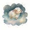 Watercolor illustration of a sheep on a cloud on a starry night