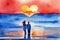 Watercolor illustration Silhouette of loving couple. Lovers at at orange sunset dawn. Generative AI.