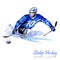 Watercolor illustration. Sledge Hockey. Disability snow sports. Figure of disabled athlete on the ice with a puck