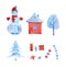 Watercolor illustration with snowman, christmas tree in blue colors, winter house with chimney, hoarfrost tree, gifts, stars,