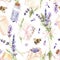 Watercolor illustration. Spa Lavender seamless pattern. Purple wild flowers, bumblebees, candle, scented soap, incense