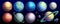 watercolor illustration, space clip art. Collection of colorful solar system planets asteroids and stars isolated on black