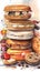 Watercolor illustration of a stack of pancakes with different fillings.