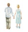 Watercolor illustration of standing couple holding hands, back view. Original relationship illustration isolated on white