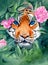 Watercolor illustration of a striped orange tiger peeking out from a thicket