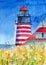 Watercolor illustration of a striped red and white West Quoddy Head Lighthouse