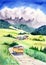 Watercolor illustration of a summer alpine landscape with distant mountains, green wooded hills