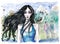 Watercolor illustration of swimming teacher with long dark hair and her students behind