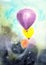 Watercolor illustration of three colorful air balloons in dark gray storm clouds