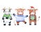 Watercolor illustration with three funny bulls. Cute animals in winter clothes. Cartoon and childish characters.