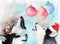 Watercolor illustration of three funny cute husky dogs