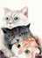Watercolor illustration of three funny fluffy cats lying on top of each other