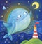 Watercolor illustration `To the moon and back` : jumping whale