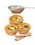 Watercolor illustration of traditional portuguese custard tarts and cinnamon sticks