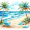 Watercolor illustration of a tropical beach with palm trees and chaise lounges.