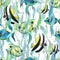 watercolor illustration of tropical coral fish in algae thickets with splashes and bubbles. Bright seamless pattern. For