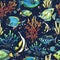 Watercolor illustration with tropical fish, corals and bubbles. Seamless pattern, dark, juicy, bright. For fabric