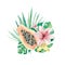 Watercolor illustration of tropical leaves and papaya and flower.