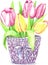 Watercolor illustration of tulips in a purple basket with a bow