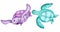 Watercolor illustration of turtle tortoise in blue turquoise purple colors, ocean sea underwater wildlife animals