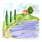 Watercolor illustration with Tuscan landscape with lavender field and country house in Europa .