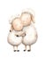 Watercolor illustration with two animals pair of white sheep hug each other and smile