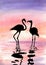 Watercolor illustration of two flamingos at sunset