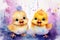 Watercolor illustration of two yellow happy smiling cartoon chicks on the background of pastel paint splashes and stains